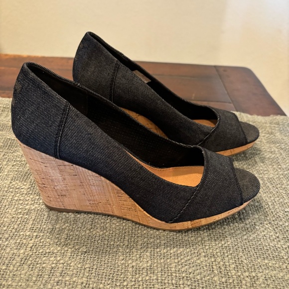 Toms Black Denim Stella Peep-Toe Cork Wedge Heels - Picture 3 of 13